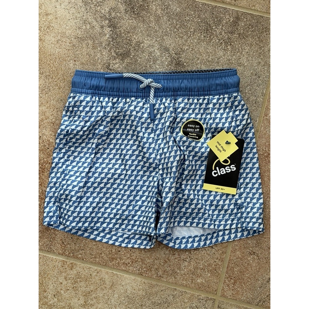 Art Class Boy's Shark Fin Print Swim Trunks UPF 50+ Blue/White Size: XS NWT